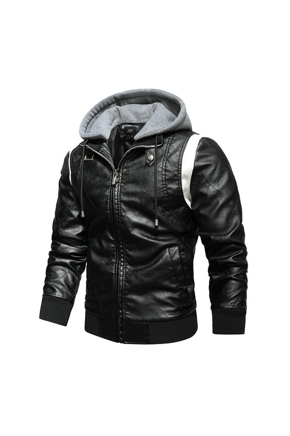 Men's Coat Quilted Leather Bomber Jacket With Hood Long Sleeve Zipper Front Ribbed Trim Coat For Daily Casual Outdoor Wear Classic Outerwear