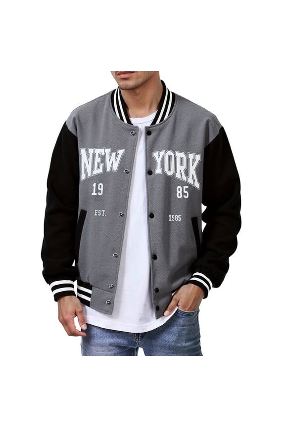 Men's Coat Retro Letter Print Varsity Jacket Color Block Long Sleeve Snap Button Front Athletic Coat For Daily Casual Streetwear Fashionable Outerwear