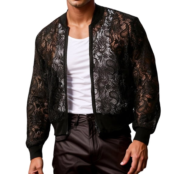 FINALGANG Men's Coat Sheer Lace Bomber Jacket Solid Color Floral Pattern Long Sleeve Zipper Front Coat With Ribbed Trim For Party Casual Daily Wear Classic Outerwear