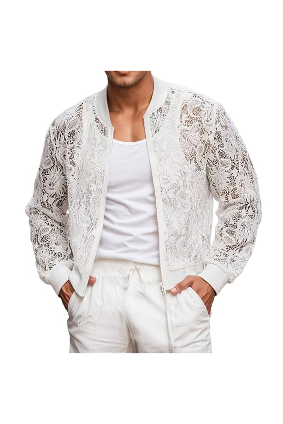 Men's Coat Sheer Lace Bomber Jacket Solid Color Floral Pattern Long Sleeve Zipper Front Coat With Ribbed Trim For Party Casual Daily Wear Cozy Outerwear