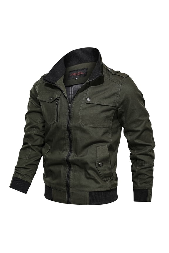 Men's Coat Solid Color Canvas Bomber Jacket With Ribbed Collar Long Sleeve Zipper Front Coat With Multiple Flap Pockets For Daily Casual Outdoor Wear Soft Outerwear