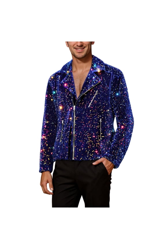 Men's Coat Sparkly Sequin Biker Jacket Long Sleeve Zipper Front Coat With Zipper Pockets For Party Performance Daily Wear Soft Outerwear
