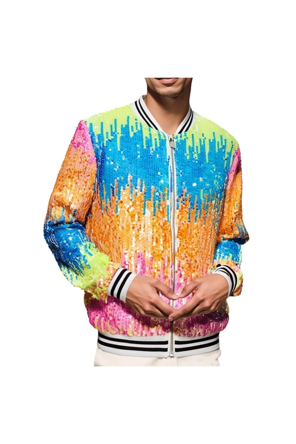 Men's Coat Sparkly Sequin Long Sleeve Bomber Jacket Colordul Sequins Contrast Ribbed Trim Zipper Front Coat For Party Wear Cozy Outerwear
