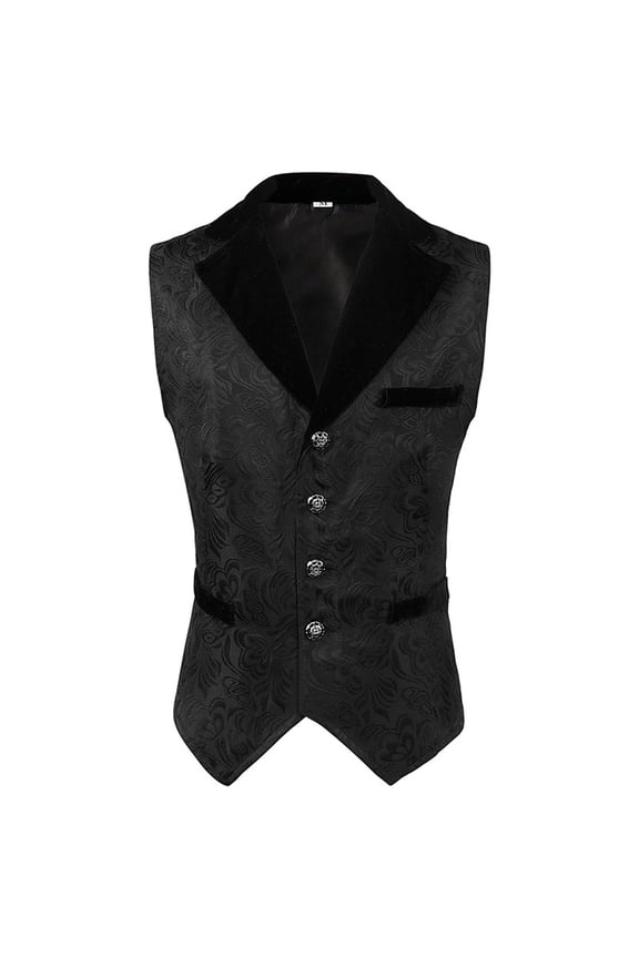 Men's Damask Pattern Vest Vintage Velvet Sleeveless Collared Waistcoat Button Front Slim Fit Gilet For Formal Dress Wear Stylish Top