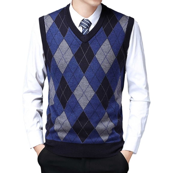 FINALGANG Men's Knitted Sweater Vest Diamond Pattern Relaxed Fit Pullover Sleeveless V Neck Jumper For Casual Daily Wear Cozy Knitwear