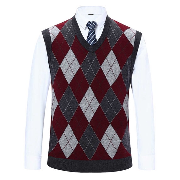 FINALGANG Men's Knitted Sweater Vest Diamond Pattern Relaxed Fit Pullover Sleeveless V Neck Jumper For Casual Daily Wear Trendy Knitwear