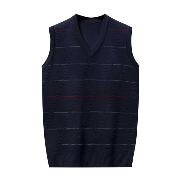 FINALGANG Men's Knitted Sweater Vest Winter Thermal Striped Pattern Relaxed Fit Pullover Sleeveless V Neck Jumper For Cold Weather Cozy Knitwear