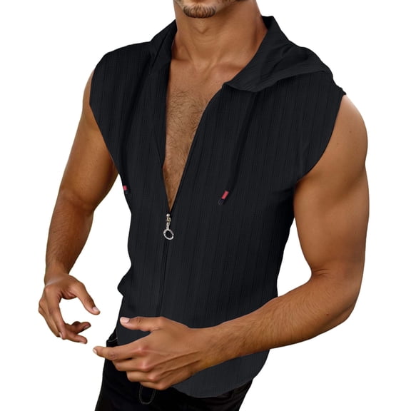 FINALGANG Men's Lightweight Sports Vest Solid Color Jacquard Stripe Sleeveless Hooded Zipper Relaxed Fit Gilet For Outdoor Activities Classic Top