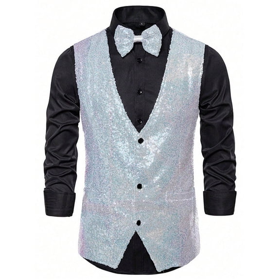FINALGANG Men's Sequin Sleeveless Vest With Bow Tie Set Solid Color Shiny Button Front Relaxed Fit Gilet For Party Formal Dress Wear Cozy Top