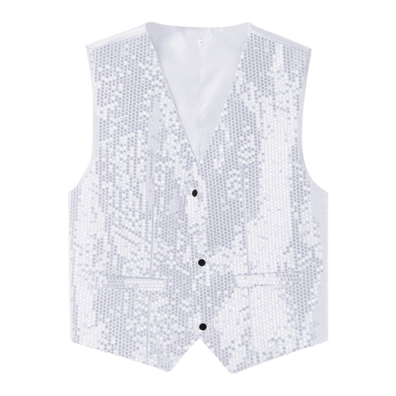 FINALGANG Men's Sequin Suit Vest Vintage Sleeveless Slim Fit Waistcoat Solid Color Button Front Gilet For Performance Formal Dress Wear Leisure Top