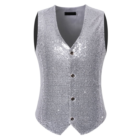 FINALGANG Men's Sequin Vest Sleeveless Solid Color Waistcoat Shiny Button Front Slim Fit Gilet For Performance Fashion Dress Wear Versatile Top