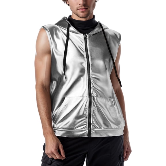 FINALGANG Men's Shiny Sleeveless Vest Solid Color Drawstring Hooded Coat Full Zipper Relaxed Fit Gilet With Pockets For Performance Casual Wear Leisure Top