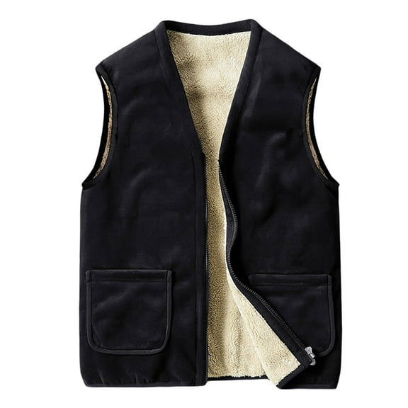 FINALGANG Men's Solid Color Vest Winter Outdoor Plush Lined Jacket Sleeveless Zipper Relaxed Fit Gilet With Pockets For Casual Daily Wear Versatile Top
