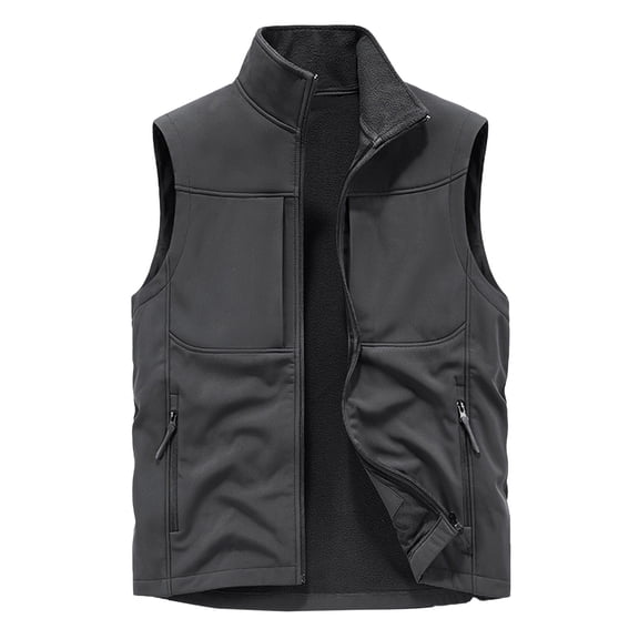 FINALGANG Men's Solid Color Vest Winter Plush Lined Warm Relaxed Fit Jacket Sleeveless Zipper Stand Collar Gilet With Pockets For Casual Daily Classic Top