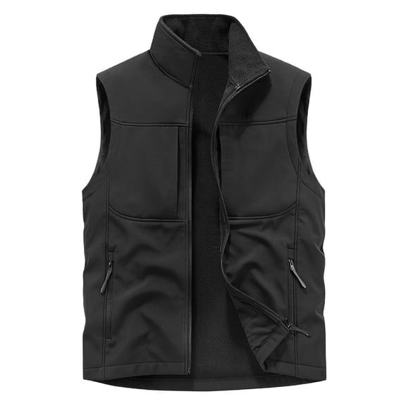 FINALGANG Men's Solid Color Vest Winter Plush Lined Warm Relaxed Fit Jacket Sleeveless Zipper Stand Collar Gilet With Pockets For Casual Daily Versatile Top