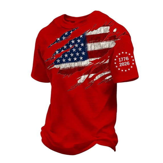 FINALGANG Mens 1776-2026 Distressed American Flag Print Short Sleeve T Shirt Waffle Knit Crewneck Patriotic Graphic Tee For Independence Day Summer Wear Red XXL