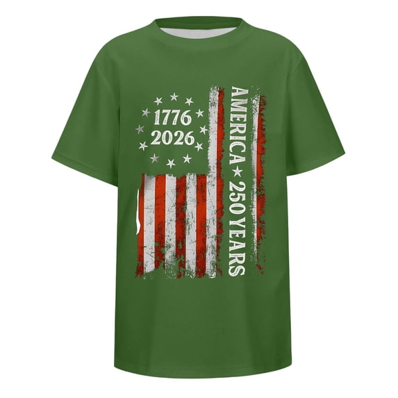 FINALGANG Mens 250 Years Distressed Vintage USA Flag Print Short Sleeve Crewneck Tee Casual Patriotic T Shirt For 4th Of July Independence Day Wear Green M