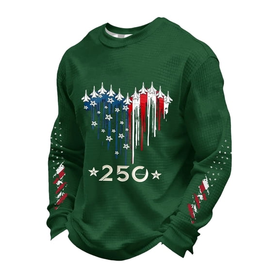 FINALGANG Mens 250 Years Fighter Jets Heart American Flag Print T Shirt Long Sleeve Waffle Knit Crewneck Tee For Independence Day Wear Dark Green L
