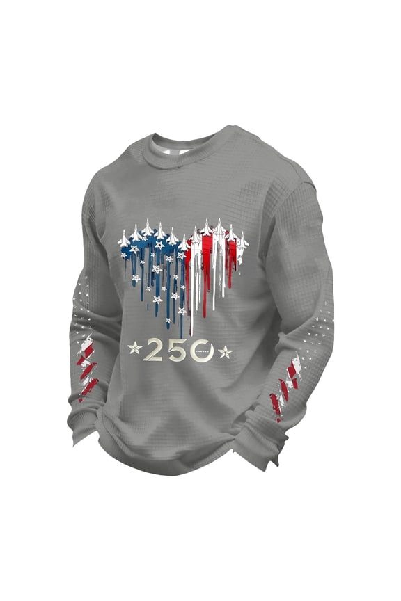 Mens 250 Years Fighter Jets Heart American Flag Print T Shirt Long Sleeve Waffle Knit Crewneck Tee For Independence Day Wear Light Gray M
