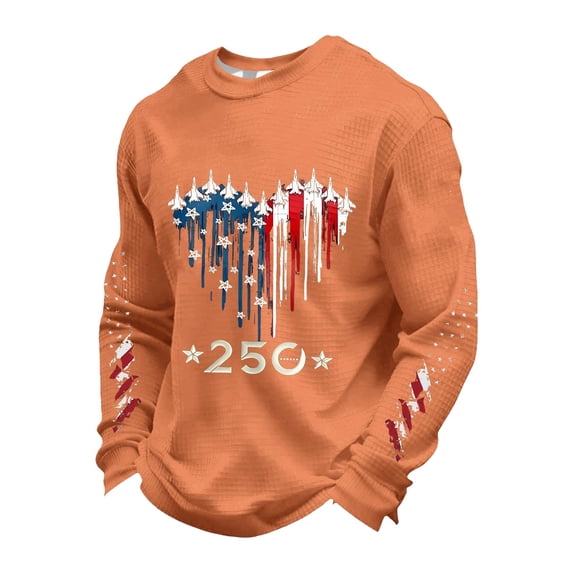 FINALGANG Mens 250 Years Fighter Jets Heart American Flag Print T Shirt Long Sleeve Waffle Knit Crewneck Tee For Independence Day Wear Orange XXL