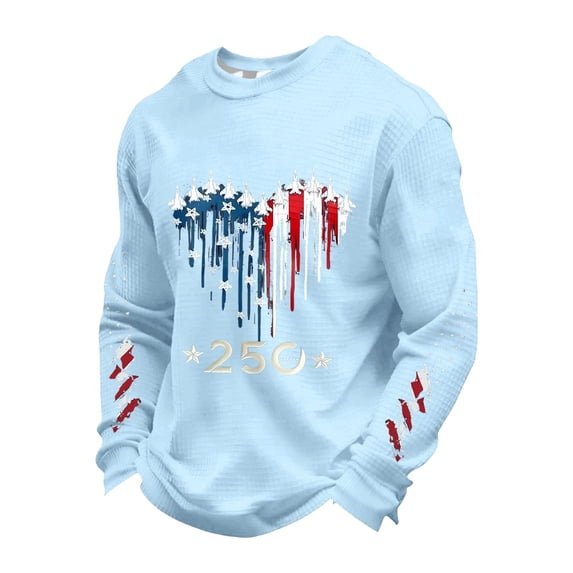 FINALGANG Mens 250 Years Fighter Jets Heart American Flag Print T Shirt Long Sleeve Waffle Knit Crewneck Tee For Independence Day Wear Light Blue XXXXL