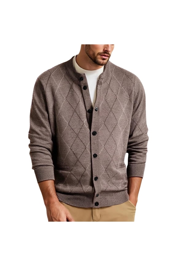 Mens Argyle Knit Cardigan Button Closure Long Sleeve Two Side Pockets Casual Knit Jacket For Daily Wear Business Casual Coffee XL