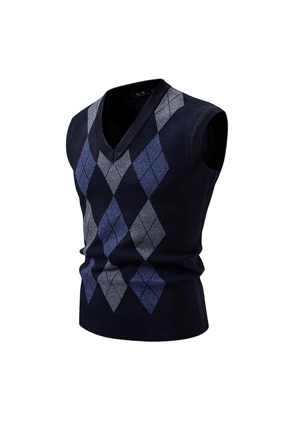 Mens Argyle Knit Vest V Neck Sleeveless Contrast Diamond Pattern Ribbed Trim Casual Knit Waistcoat For Daily Wear Business Casual Blue XXXL