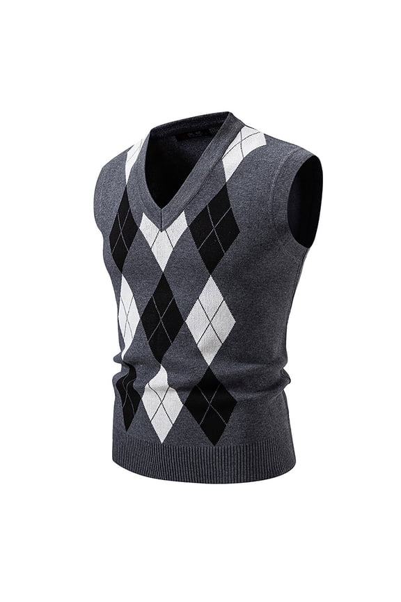 Mens Argyle Knit Vest V Neck Sleeveless Contrast Diamond Pattern Ribbed Trim Casual Knit Waistcoat For Daily Wear Business Casual Gray XXL