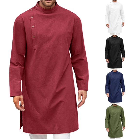FINALGANG Mens Band Stand Collar Diagonal Side Button Solid Color Long Sleeve Long Tunic Side Split Loose Fit Ethnic Daily Casual Long Tops Czoy Top Red M