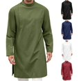 thumbnail image 1 of FINALGANG Mens Band Stand Collar Diagonal Side Button Solid Color Long Sleeve Long Tunic Side Split Loose Fit Ethnic Daily Casual Long Tops Leisure Top Green M, 1 of 8