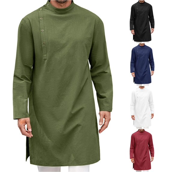 FINALGANG Mens Band Stand Collar Diagonal Side Button Solid Color Long Sleeve Long Tunic Side Split Loose Fit Ethnic Daily Casual Long Tops Leisure Top Green M