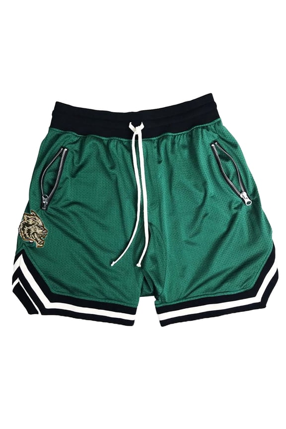 Mens Basketball Mesh Shorts With Elastic Waist Drawstring Zippered Pockets Tiger Embroidered Patch Striped Hem Loose Fit Shorts For Sports Training Stylish Shorts