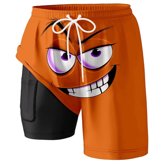 FINALGANG Mens Cartoon Funny Face Print Beach Shorts With Slim Fit Liner Pocket Casual Drawstring Waist Swim Trunks Quick Dry Board Shorts For Summer Beach Daily Wear Orange XL