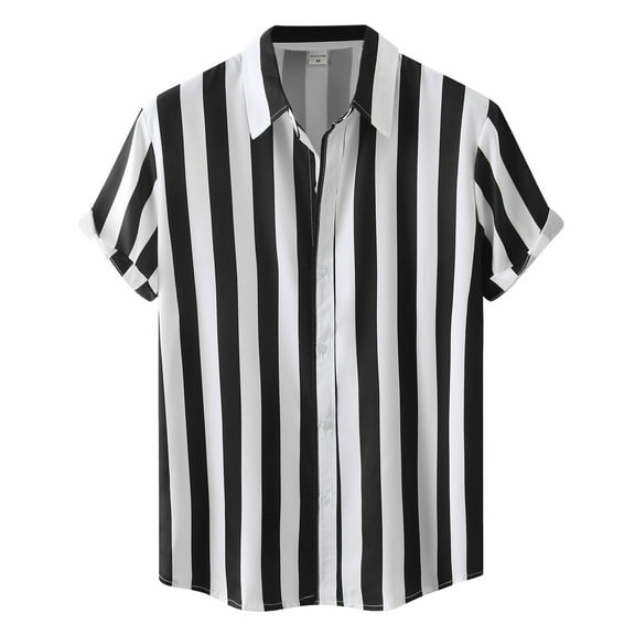 FINALGANG Mens Color Block Vertical Stripe Short Sleeve Button Down Collared Shirt Casual Slim Fit Striped Shirt For Party Beach Summer Daily Streetwear Black M