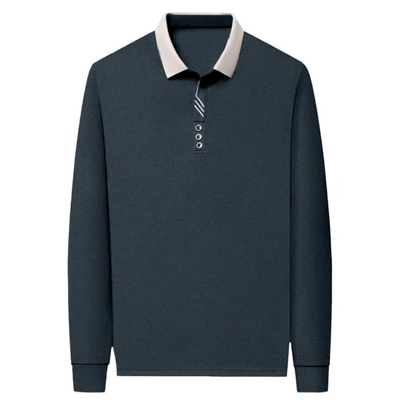 FINALGANG Mens Contrast Collar Long Sleeve Polo Shirt With Button Placket Slim Fit Soft Breathable For Fathers Day Gift Daily Wear Everyday Activities Trendy Top