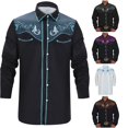 thumbnail image 1 of FINALGANG Mens Contrast Point Lapel Collar Button Floral Embroidery Western Cowboy Long Sleeve Shirt Regular Fit Outdoor Retro Casual Tops Czoy Top Light Blue XXXL, 1 of 7
