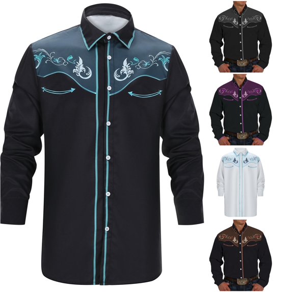 FINALGANG Mens Contrast Point Lapel Collar Button Floral Embroidery Western Cowboy Long Sleeve Shirt Regular Fit Outdoor Retro Casual Tops Czoy Top Light Blue XXXL