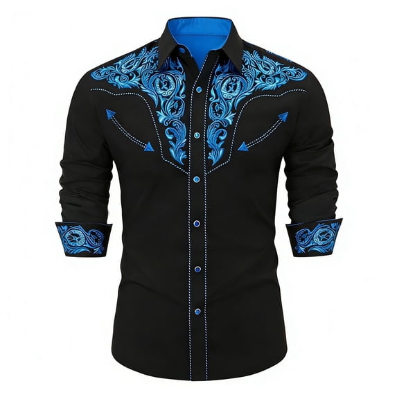 FINALGANG Mens Cowboy Floral Embroidery Shirt Long Sleeve Snap Button Shirt With Contrast Stitching Bust Pockets For Festival Daily Wear Black3 L