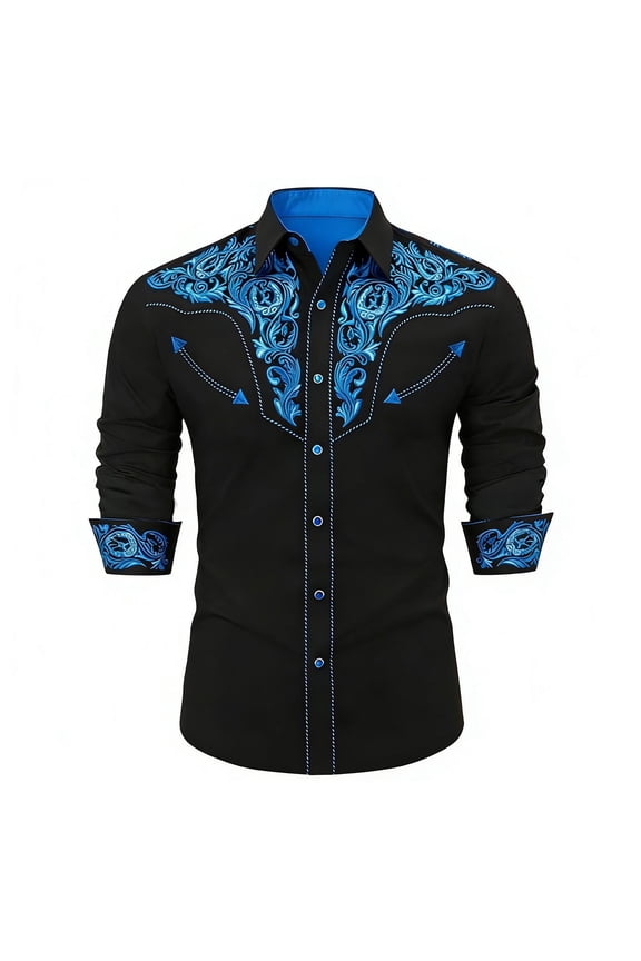 Mens Cowboy Floral Embroidery Shirt Long Sleeve Snap Button Shirt With Contrast Stitching Bust Pockets For Festival Daily Wear Black3 M