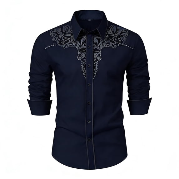 FINALGANG Mens Cowboy Floral Embroidery Shirt Long Sleeve Snap Button Shirt With Contrast Stitching Bust Pockets For Festival Daily Wear Navy S