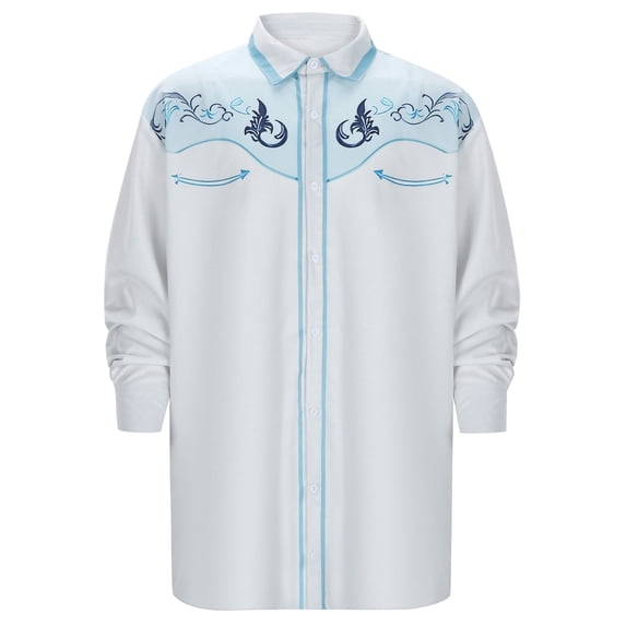 FINALGANG Mens Cowboy Shirt With Floral Embroidery Long Sleeve Snap Button Bust Pocket Shirt For Festival Holiday Daily Wear White M