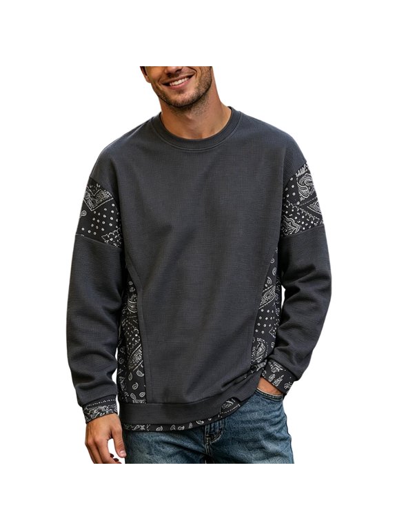 Mens Crew Neck Long Sleeve Fashion Patchwork TShirt For Casual Daily Wear Weekend Gatherings Streetwear Outings Dark Gray L