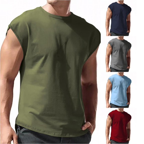 FINALGANG Mens Crew Neck Raw Edge Cap Sleeve Solid Color Sleeveless Tank Top Regular Fit Gym Daily Outdoor Soft Casual Vests For Daily Wear Versatile Top Army Green L