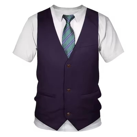FINALGANG Mens Crew Neck Short Sleeve 3D Printed Suit Vest Tie TShirt For Party Casual Gatherings Themed Event Wear Dark Purple M