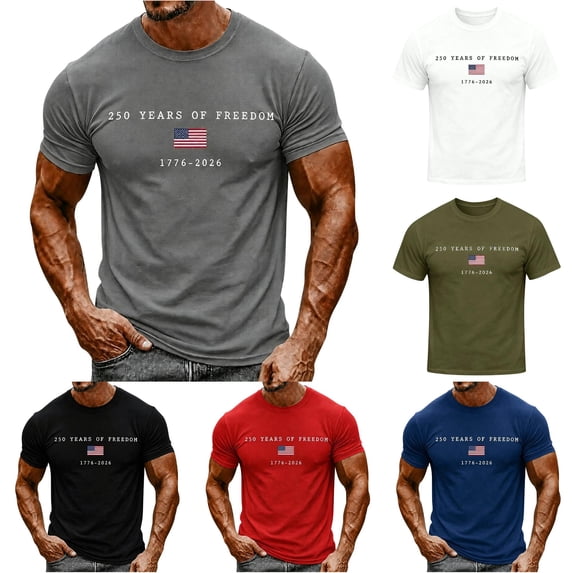 FINALGANG Mens Crew Neck Short Sleeve Independence Day T-Shirt With 250 Years Of Freedom American Flag Print Casual Regular Fit For 4Th Of July Patriotic Celebrations Grey L