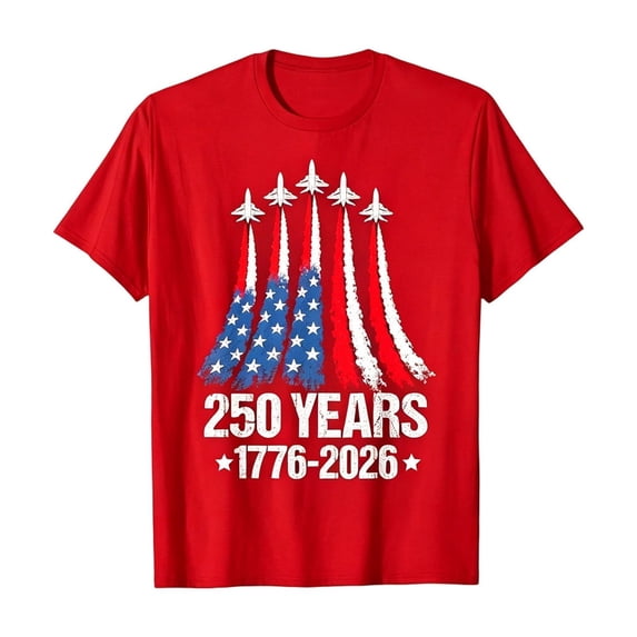 FINALGANG Mens Crew Neck Short Sleeve T Shirt With 250 Years 1776-2026 American Flag Fighter Jet Print Casual Tee For USA Independence 250Th Anniversary Patriotic Events Red XL