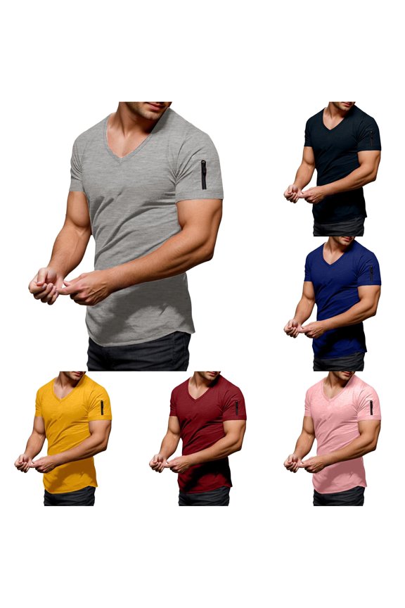 Mens Deep V Neck Arm Zipper Pocket Solid Color Short Sleeve T-Shirt Slim Fit Daily Travel Outdoor Casual Shirts For Daily Wear Classic Top Grey XXXL
