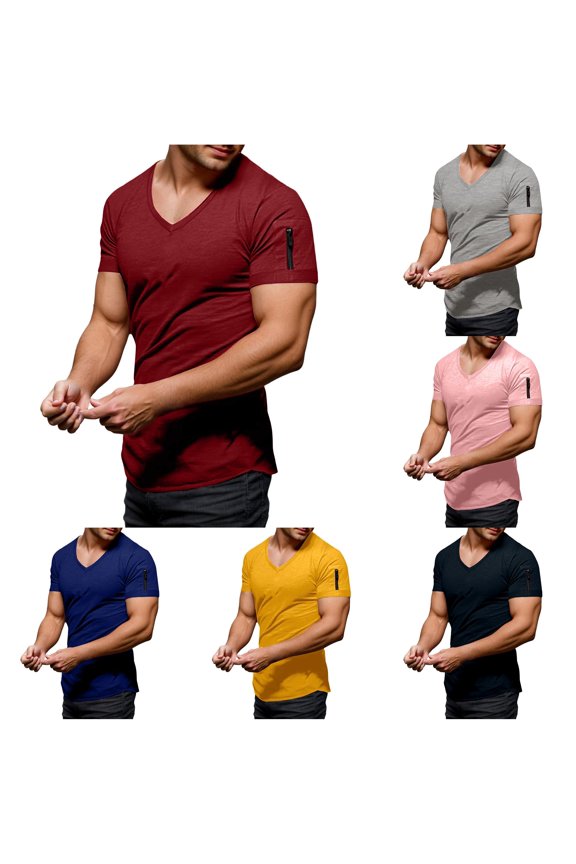 Mens Deep V Neck Arm Zipper Pocket Solid Color Short Sleeve T-Shirt Slim Fit Daily Travel Outdoor Casual Shirts For Daily Wear Classic Top Red XXXL