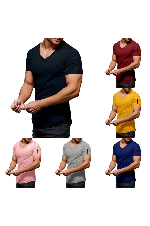 Mens Deep V Neck Arm Zipper Pocket Solid Color Short Sleeve T-Shirt Slim Fit Daily Travel Outdoor Casual Shirts For Daily Wear Soft Top Navy L