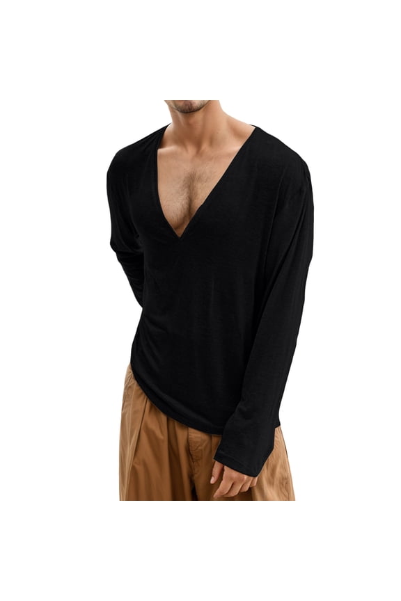 Mens Deep V Neck Long Sleeve Solid Color TShirts Loose Fit Casual Tees For Casual Wear Home Relaxation Black XL